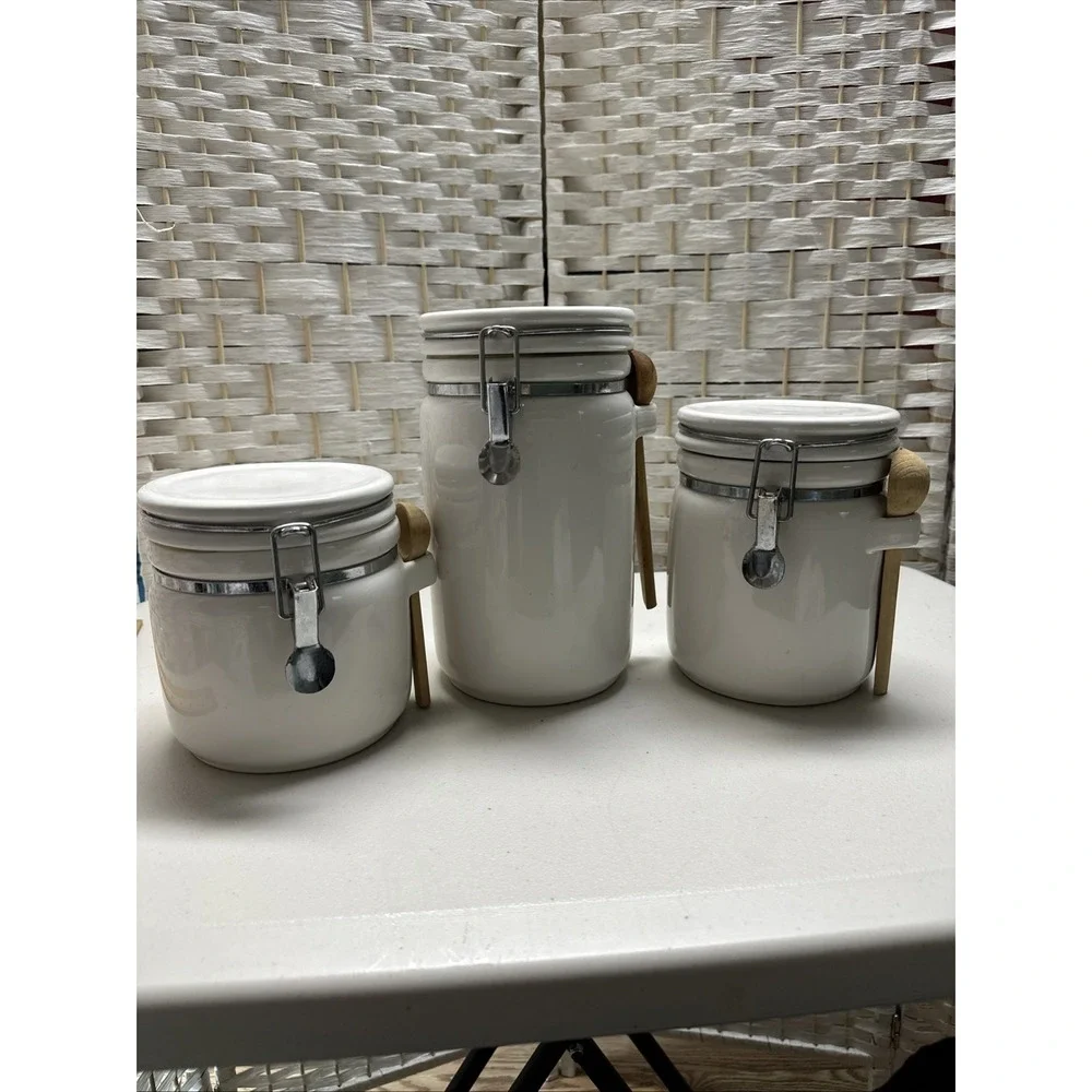 China 3 piece Canister Set W/ Wooden Spoons White Locking Lids